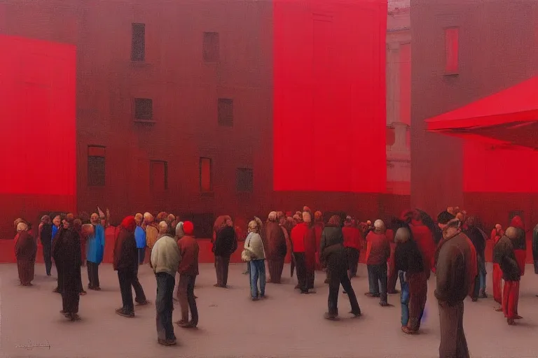 Prompt: only with red, a crowd with big smiles in the middle of a square, a paint in the middle, in the style of beksinski, parts by edward hopper, parts by rodcenko, parts by yue minjun, intricate and epic composition, red by caravaggio, insanely quality, highly detailed, masterpiece, red light, artstation, 4 k