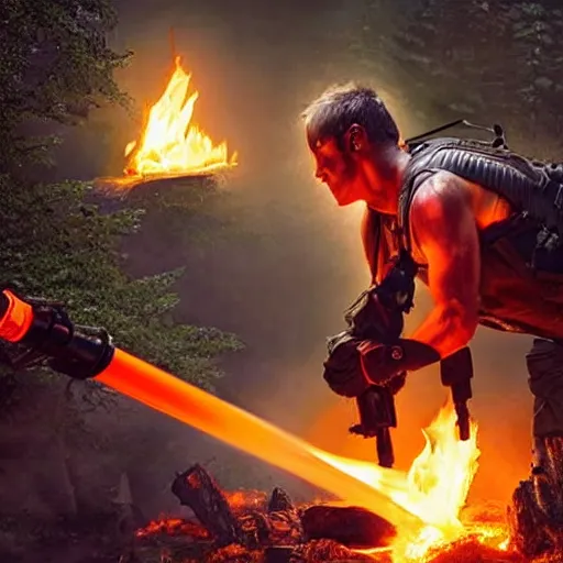 Image similar to Rambo shooting flames out of a flamethrower, moonlight, burning trees, burning computers on the floor, very vey very detailed face, very very very realistic face, real picture, 8K, action movie scene