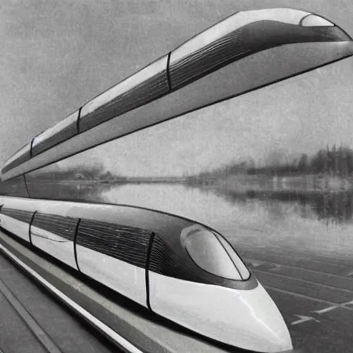 Prompt: solar powered girly suspended futuristic bullet train!!, mother of pearl iridescent, style of alfred stieglitz, aerodynamic!!!!!!