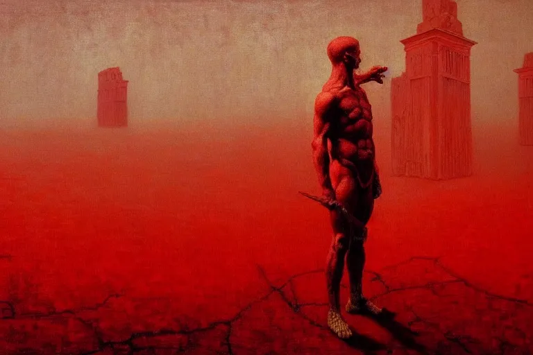 Image similar to only with red, caesar after war, a red tiger, in hoc signo vinces, rome in background, an ancient path, in the style of beksinski, part by hopper, part by rodcenko, part by hofbauer, intricate composition, red by caravaggio, insanely quality, highly detailed, masterpiece, red light, artstation