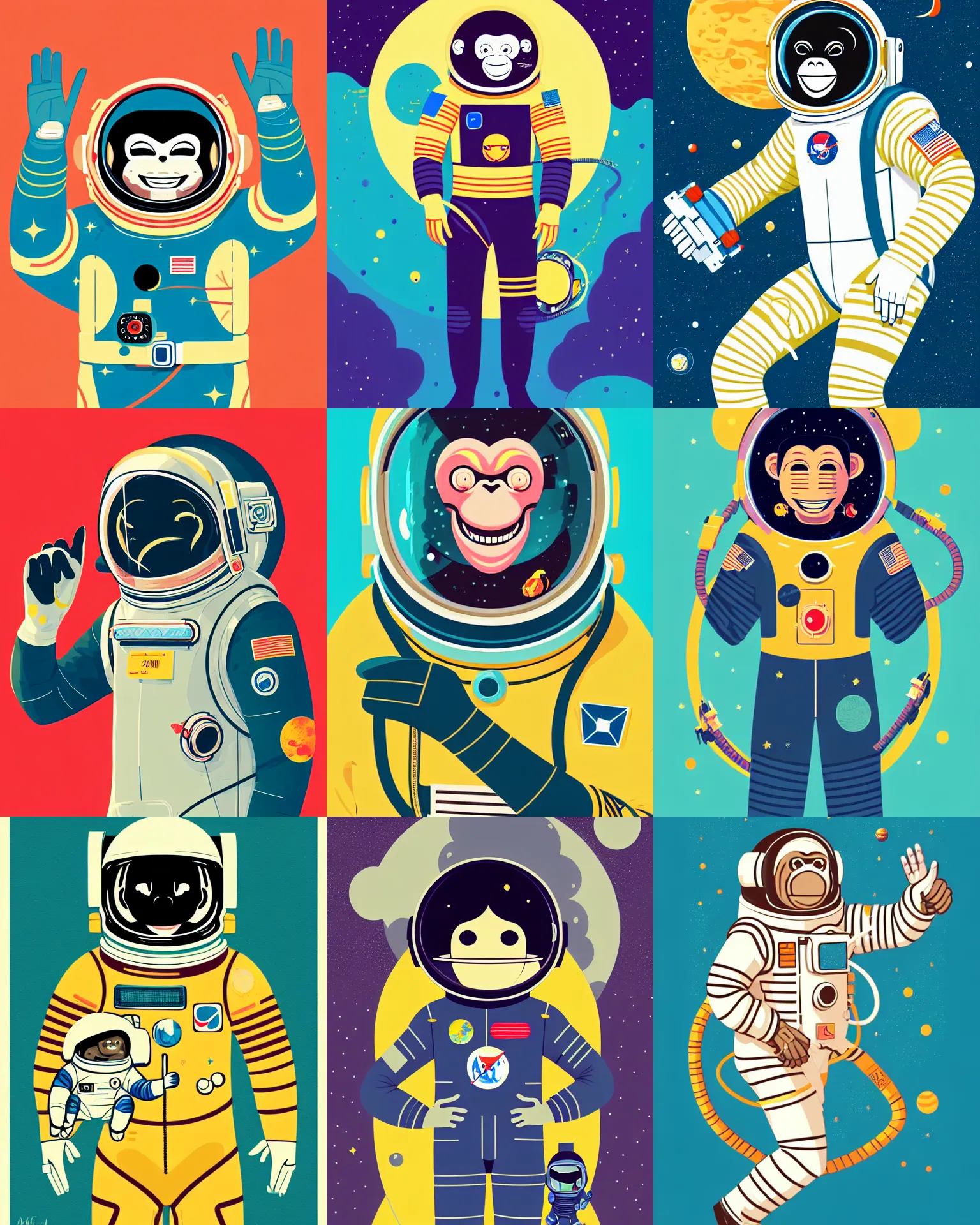 Prompt: a vector based illustration of a grinning monkey astronaut in a spacesuit, by sachin teng and loish, vibrant, vector art, award winning, stunning, trending on art station, highly detailed