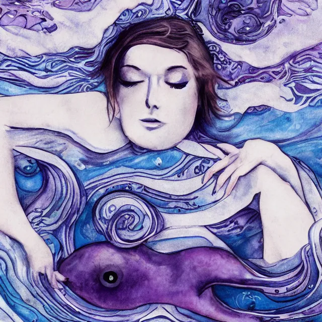 Image similar to a female art student falling asleep, iceberg, dark, sensual, dreamy, waves, swirls, violet drips, fish, blueberries, octopus, neo - impressionist, surrealism