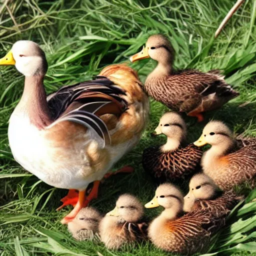 Prompt: a crossbreed of chicken and a duck, with chicks, photo