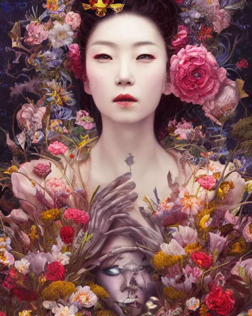 Image similar to portrait of the japanese queen of the underworld, surrounded by flowers by karol bak, james jean, tom bagshaw, rococo, sharp focus, trending on artstation, cinematic lighting, hyper realism, octane render, 8 k, hyper detailed.