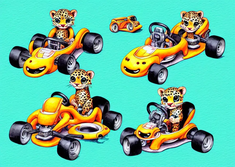 Image similar to cute and funny, baby leopard riding in a tiny go kart with oversized engine, ratfink style by ed roth, centered award winning watercolor pen illustration, isometric illustration by chihiro iwasaki, edited by range murata, tiny details by artgerm and watercolor girl, symmetrically isometrically centered