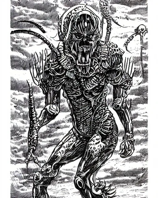 Image similar to a micronaut pharoid, full body, pen - and - ink illustration, etching, by russ nicholson, david a trampier, larry elmore, 1 9 8 1, hq scan, intricate details, monster manula, fiend folio