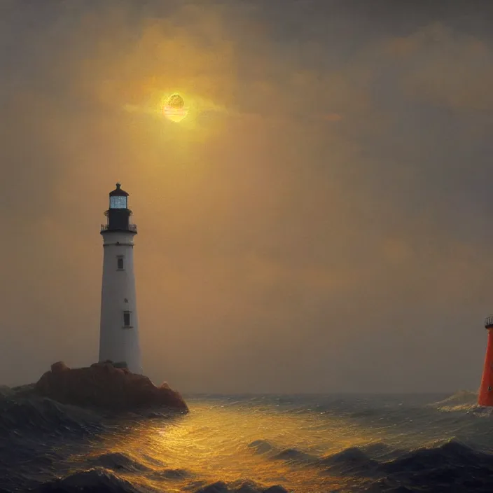 Prompt: a beautiful painting of a lighthouse on the sea, sunset by ivan aivazovsky and zdzisław beksinski and rene magritte and greg rutkowski and james gurney, in style of digital art. hyper detailed, sharp focus, soft light. octane render. maya. ray tracing. trending on artstation
