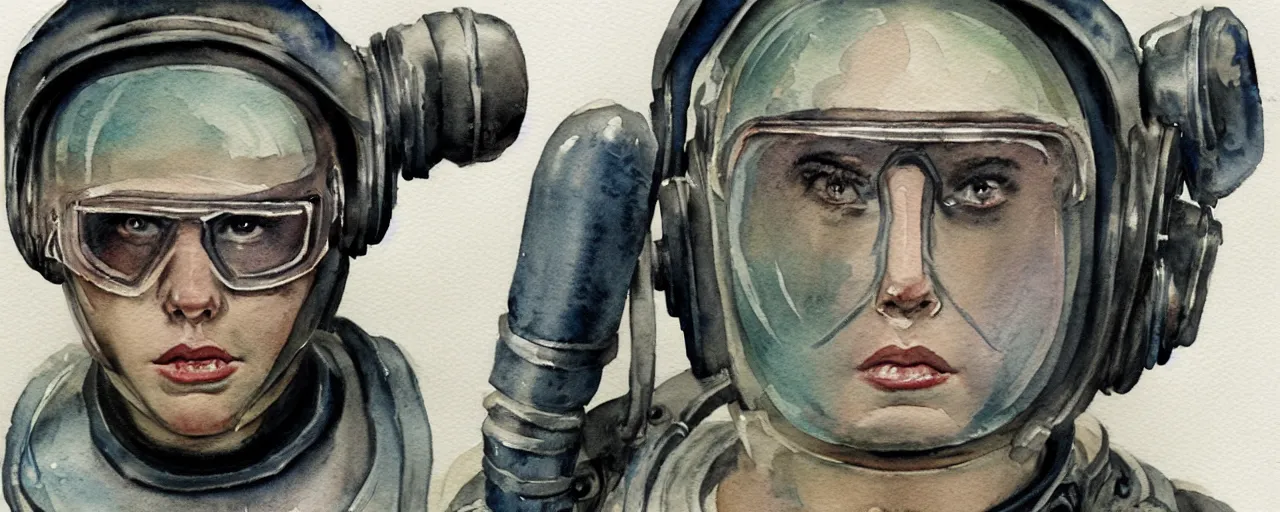 Prompt: watercolor character concept art 3 / 4 portrait of tattooed stoic heroic emotionless butch blonde woman engineer with short slicked - back hair, wearing dirty flight suit, wearing dark victorian goggles, working inside reactor room, awkward and uncomfortable and anxious, dirty. mike mignogna, ron cobb, industrial space program, scifi.