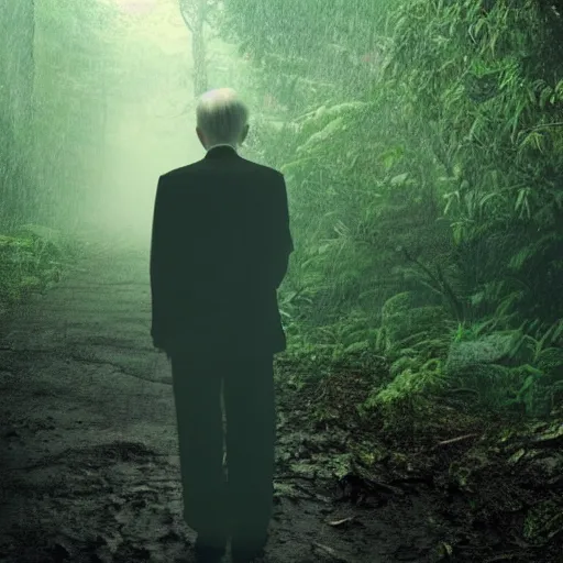 Prompt: old japanese man wearing a dirty and tattered business suit wandering through a misty and dark rainforest at night, glitchy paparazzi photo,