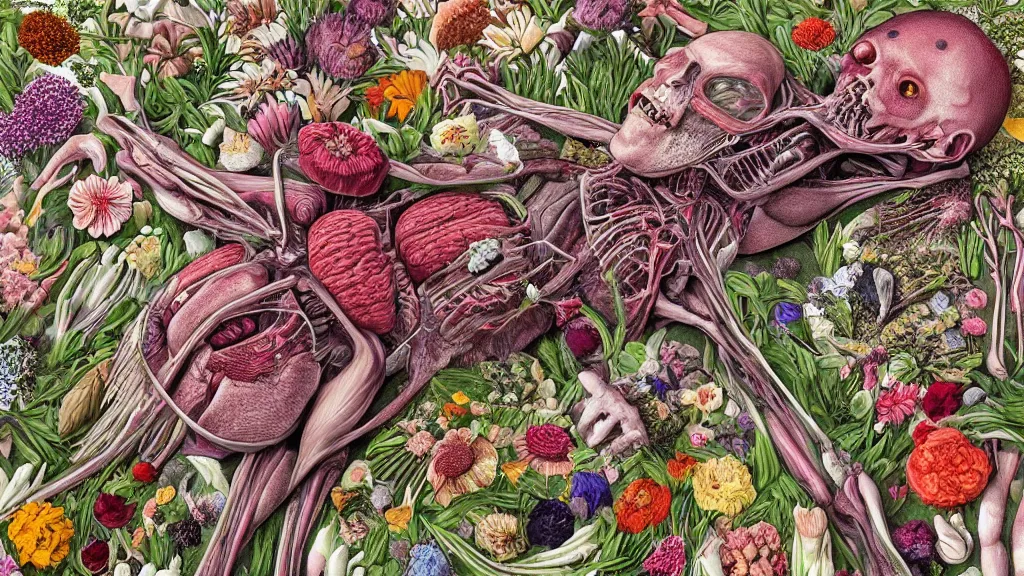 Prompt: highly detailed illustration of a human anatomy body exploded by all the known species of flowers by michael reedy