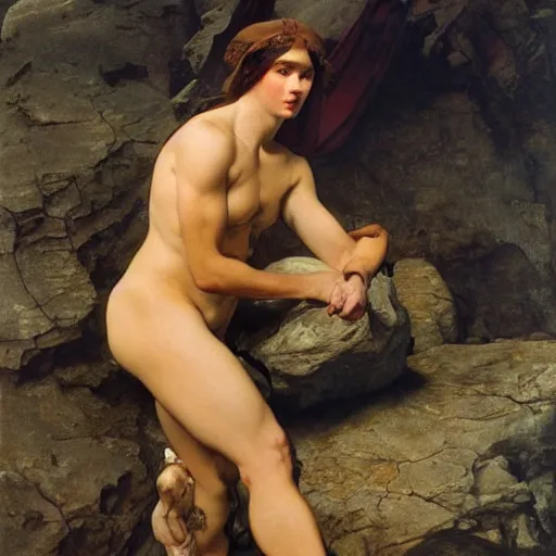 Image similar to a red, muscular dragon in a rocky desert by paul delaroche, alphonse mucha and arnold böcklin arnold böcklin hyperrealistic 8k, very detailed