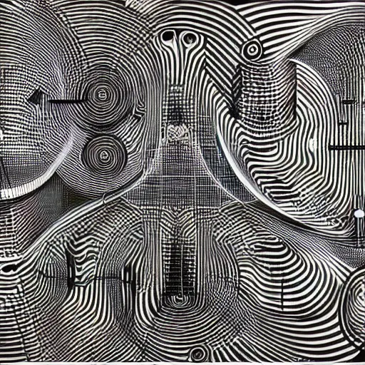 Image similar to abstract black and white concept art graphic painting illustrating turing machine, overcomplicated, math inspired, hyper detailed, psychodelic, creepy