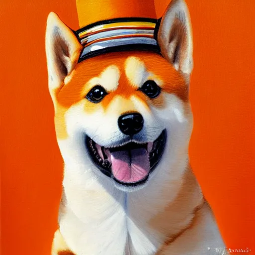 Prompt: oil painting of a shiba inu dog wearing a sombrero, orange background