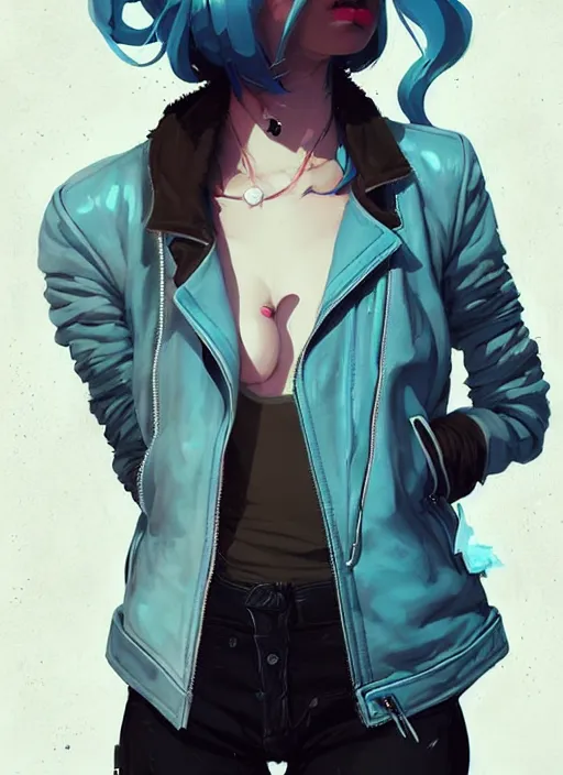 Image similar to highly detailed portrait of a sewer punk lady student, blue eyes, leather jacket, white hair by atey ghailan, by greg rutkowski, by greg tocchini, by james gilleard, by joe fenton, by kaethe butcher, gradient blue, black, brown and cyan color scheme, grunge aesthetic!!! ( ( graffiti tag wall background ) )