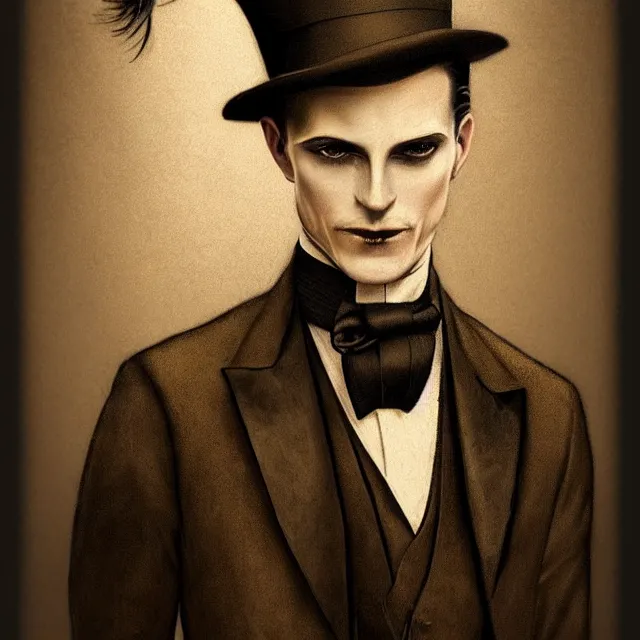 Image similar to photorealistic sepia portrait of a 1 9 2 0 s era male magician, well dressed, long - tailed tuxedo coat, in the style of kai carpenter, atmospheric lighting, dark, brooding, painted, intricate, ultra detailed, well composed, best on artstation, cgsociety, epic, stunning, gorgeous, intricate detail, much wow, masterpiece
