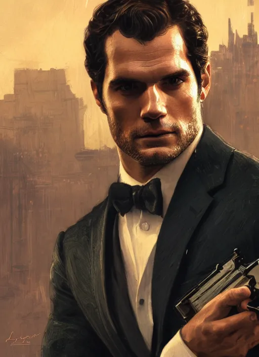 Image similar to portrait of henry cavill as james bond, key art, sprinting, palm trees, highly detailed, digital painting, artstation, concept art, cinematic lighting, sharp focus, illustration, by gaston bussiere alphonse mucha