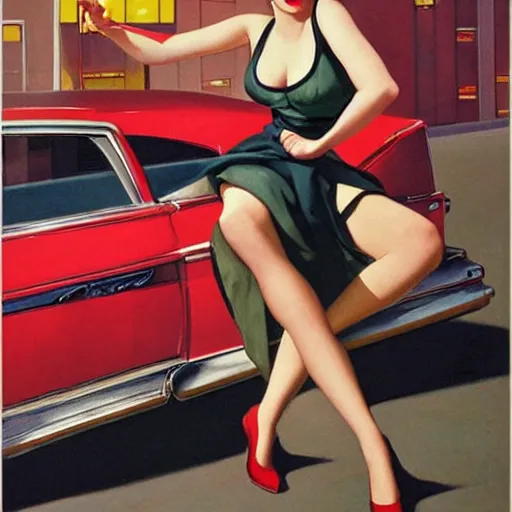 Prompt: woman, city, cars, by gil elvgren, olivia