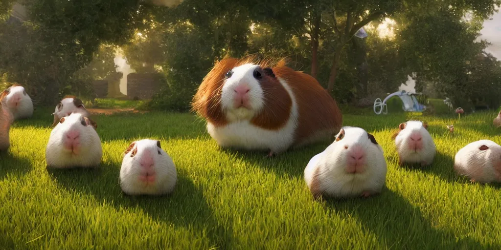 Prompt: a group of smiling guinea pig that are in the grass in front of fairy village, concept art by senior environment artist, cgsociety, furry art, volumetric lighting, outdoor lighting, greg rutkowski, artstation hq, playstation 5 screenshot