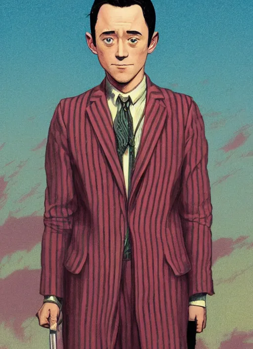 Prompt: artwork by Michael Whelan, Bob Larkin and Tomer Hanuka, of a solo individual portrait of Joseph Gordon-Levitt wearing a 1920s red striped outfit, dapper, simple illustration, domestic, nostalgic, full of details, by Makoto Shinkai and thomas kinkade, Matte painting, trending on artstation and unreal engine