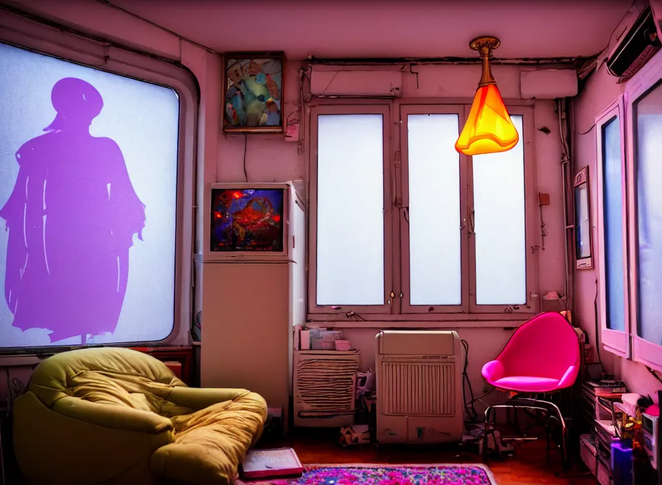 Prompt: telephoto 7 0 mm f / 2. 8 iso 2 0 0 photograph depicting the feeling of chrysalism in a cosy cluttered french sci - fi ( art nouveau ) cyberpunk apartment in a pastel dreamstate art cinema style. ( fridge, computer screens, window ( city ), fish tank, lamp ( ( ( armchair ) ) ) ), ambient light.