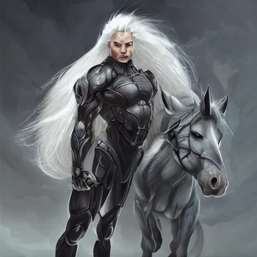 Image similar to a musclebound anthropomorphized horse with a magnificently muscular physique wearing a tight kevlar battle outfit while protecting a facility, long white hair, equine, anthro art, furaffinity, highly detailed, digital painting, artstation, sharp focus, concept art, illustration, art by artgerm, greg rutkowski, wlop