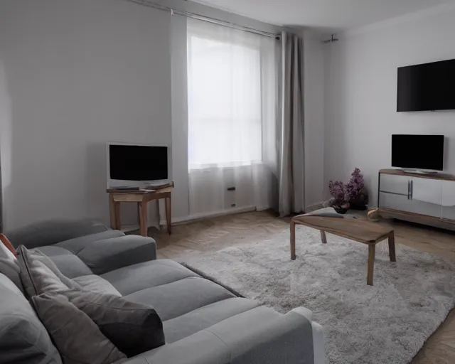 Image similar to Award winning photo of a living room with a TV of a flat abandoned a week ago, 4k, high quality