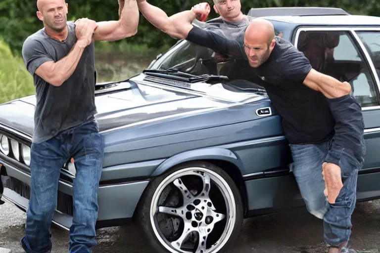 Image similar to Angry Jason Statham lifts BMW e30 in his arms,