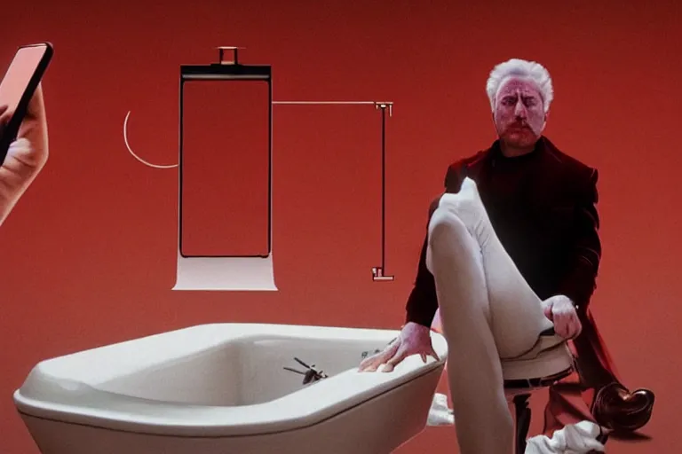 Image similar to hyperrealism aesthetic ridley scott and caravaggio and denis villeneuve style photography of a detailed giant elon musk, siting on a detailed ultra huge toilet and scrolling his smartphone in hyperrealism scene from detailed art house movie in style of alejandro jodorowsky and wes anderson