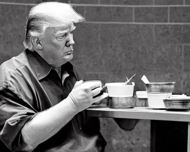 Image similar to Reuters Photograph of Donald Trump in jail cell, eating a cheeseburger