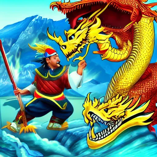 Image similar to Chinese president, battle against dragon, bananas weapon, mountains background, fighting stance, painting