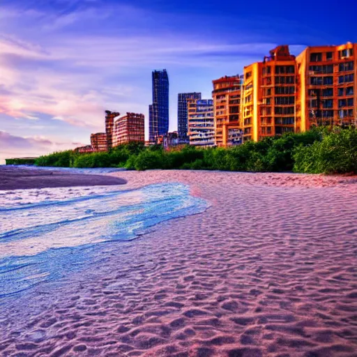 Prompt: Colored photo of a sandy beach along a bright river, deserted city in background, beautiful lighting, wide lens shot, 30mm, bright colors