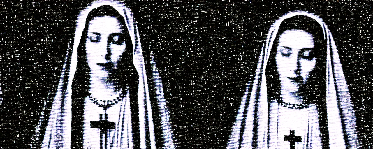 Image similar to vhs static overlay of marian apparition, vhs, 1 9 9 0, highly realistic, highly detailed, vhs noise static, black and white, vhs glitch