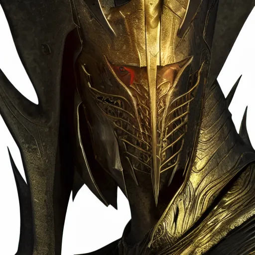 Image similar to a photorealistic 3D render portrait of sauron the dark lord wearing armor made of iron, unreal engine, octane render, cinematic lighting, a sense of evil, hard surface character concept art, dark fantasy character design, hyper realism, high detail, depth of field, stunning cgsociety