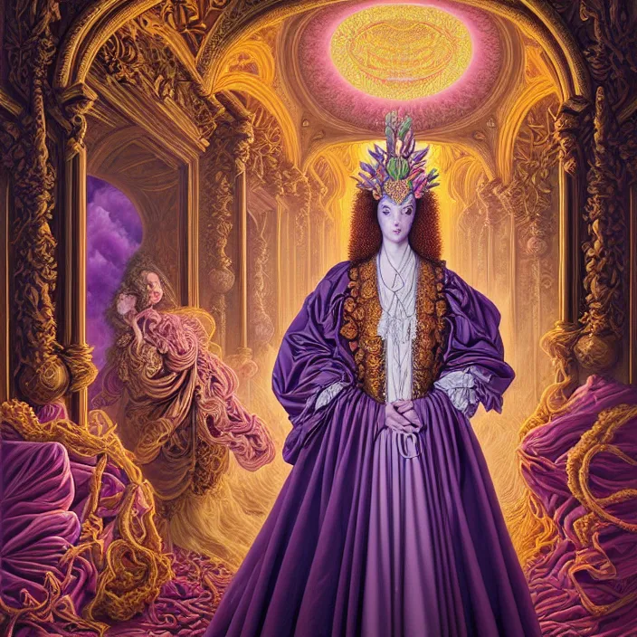 Image similar to beautiful oil painting, full length portrait of dauphinois in baroque coronation robes 1701, Dan Mumford, Dan Mumford, Alex grey, hyacinthe rigaurd, highly detailed , lsd visuals, dmt fractal patterns, hallucinogen, visionary art, psychedelic art, ornate, vaporwave, baroque, Greg rutkowski