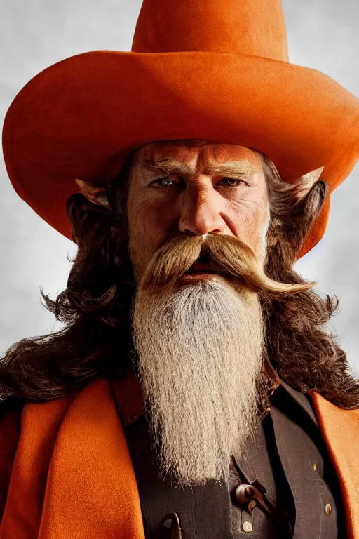 Image similar to hd photograph of cowboy sherrif resembling yosemite sam with huge hat, huge mustache, orange colors