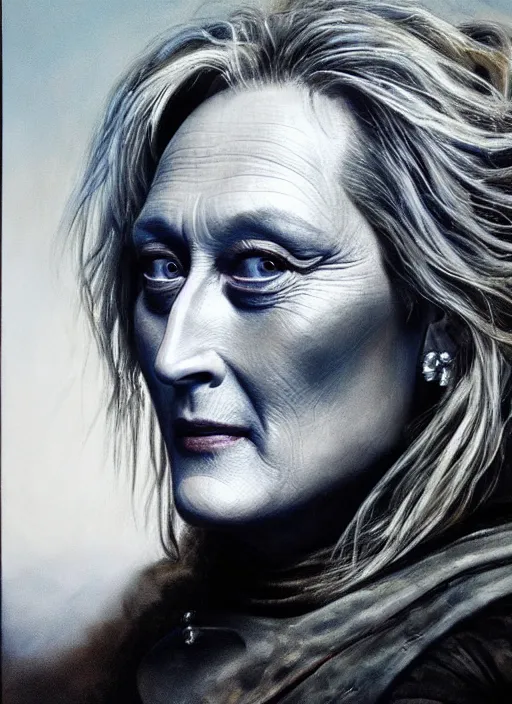 Prompt: portrait of meryl streep as a scheming warlord character in mad max 2 : the road warrior, film still, detailed realism face in painting, detailed beautiful portrait, oil painting masterpiece, 8 k resolution, smooth, sharp focus, trending on artstation, by rembrandt