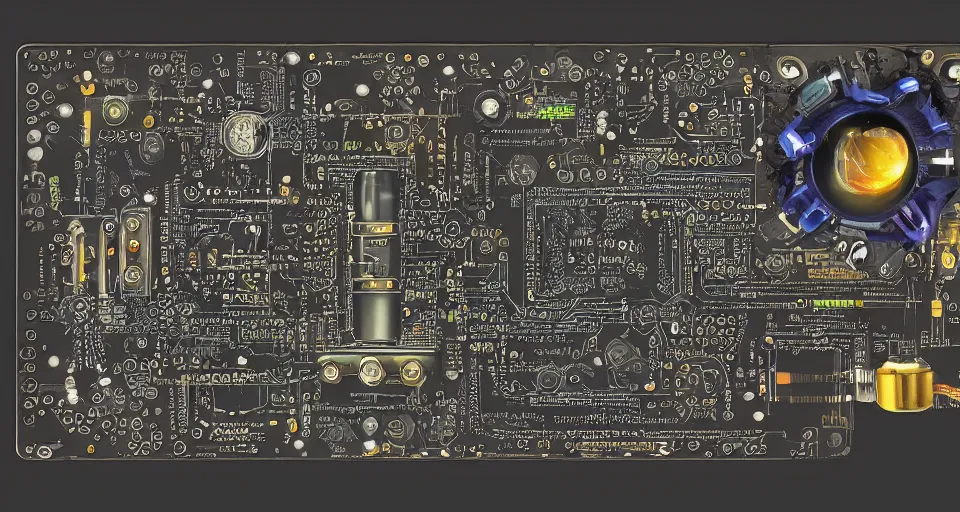 Image similar to product photography framing. digital paint krita render of a small square fantasy vacuum - tube motherboard made and powered by crystalline circuitry. trending on artstation. artificer's lab bg. premium print by angus mckie and james gurney