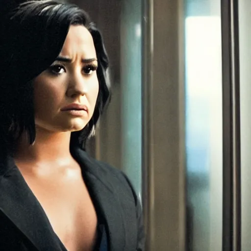 Image similar to close-up of Demi Lovato as a detective in a movie directed by Christopher Nolan, movie still frame, promotional image, imax 70 mm footage