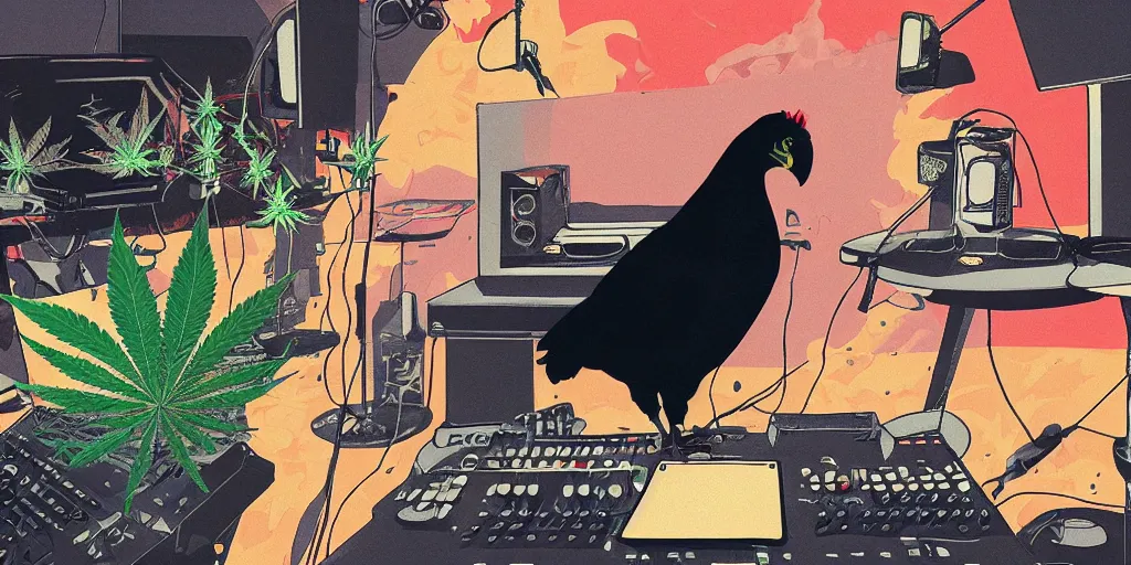 Image similar to 'black chicken'!!! smoking 'cannabis!!!!!!' in front of 'audio console'!!!! and 'multi monitors!!!!!!' in a tv broadcasting studio, artwork by James Gilleard