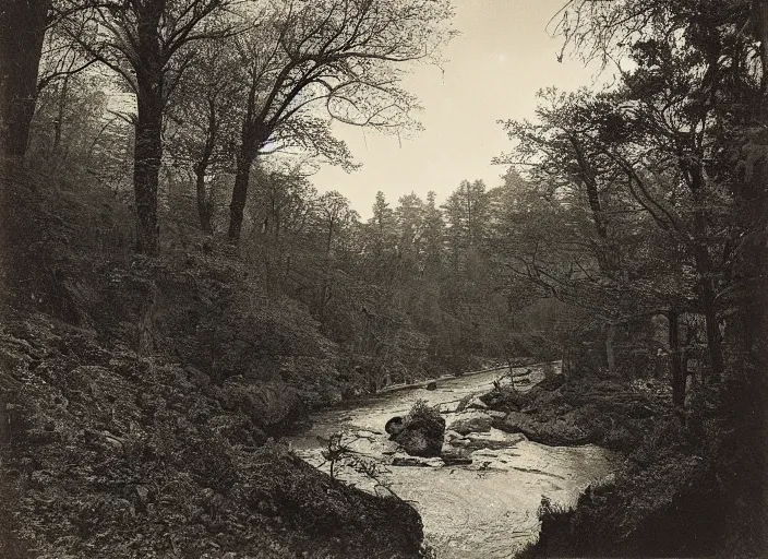 Image similar to Overlook of a river flowing through a tarot card forest, albumen silver print by Timothy H. O'Sullivan.