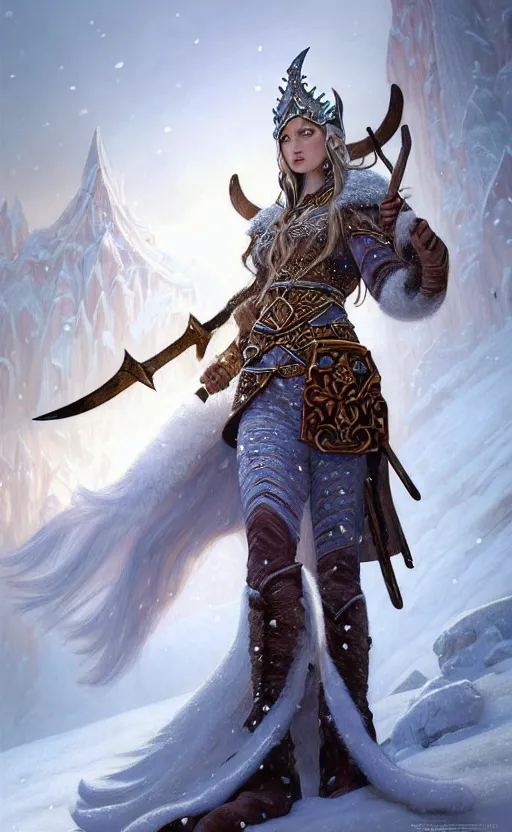 Image similar to opal viking warrior, regal, elegant, winter, snow, beautiful, stunning, hd, illustration, epic, d & d, fantasy, intricate, elegant, highly detailed, wide angle, digital painting, artstation, concept art, smooth, sharp focus, illustration, wallpaper, art by artgerm and greg rutkowski and alphonse mucha and jin xiaodi