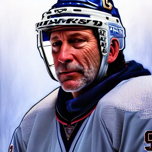 Image similar to beautiful portrait of hockey coach Clint Malarchuk, fantasy, intricate, elegant, highly detailed, digital painting, artstation, concept art, smooth, sharp focus, luxury fashion illustration, art by artgerm and greg rutkowski and alphonse mucha, brightly lit cinematic soft lighting, photorealistic