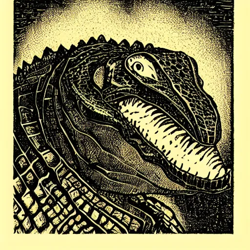 Image similar to Woodcut portrait of a beautiful cute crocodile with robot ears by falling into the stars greg rutkowski, 4k, intricate details