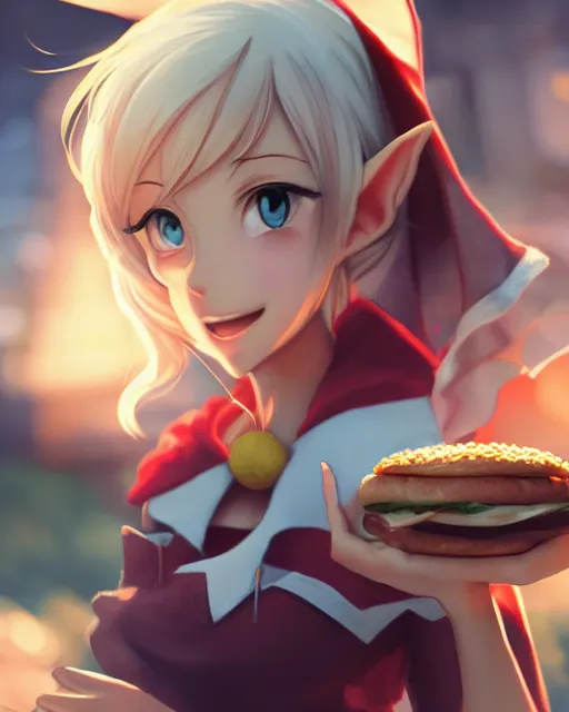 Image similar to adorable elf girl holding a burger, single subject, close shot, ambient lighting, white hair, detailed face, by makoto shinkai, stanley artgerm lau, wlop, rossdraws