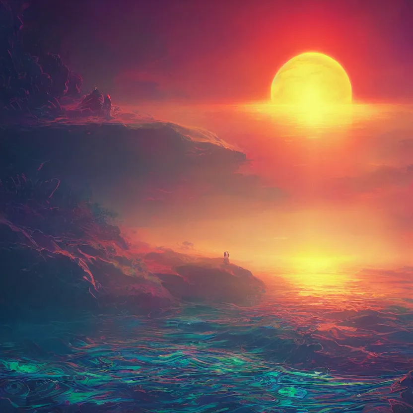 Image similar to an # illustration of submerging sun, psychedelic, by yoshitaka amano and alena aenami, trending on artstation, nvidia, matte painting, unreal engine