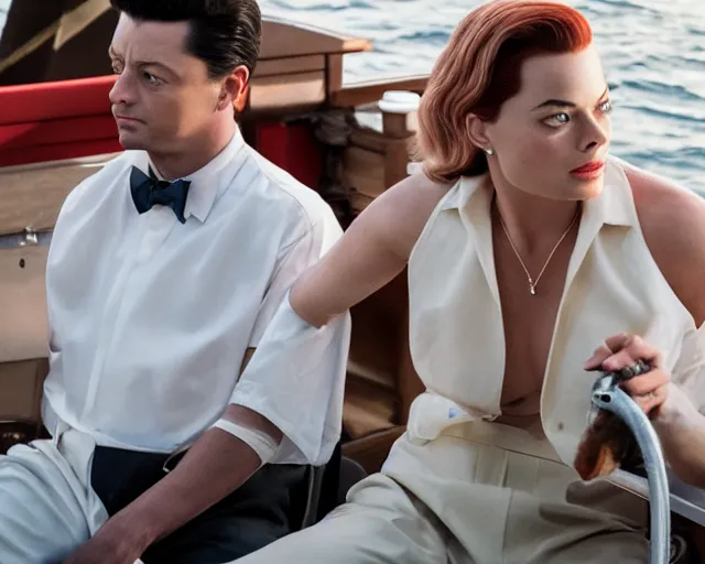 Prompt: handsome 2 1 savage as the wolf of wall street next to margot robbie as naomi from the wolf of wall street on a fishing boat, hyper realistic faces, beautiful eyes, cinematic, long shot, hyper detailed, 8 5 mm photograph, 8 k resolution, film still, sharp lens, wide lens