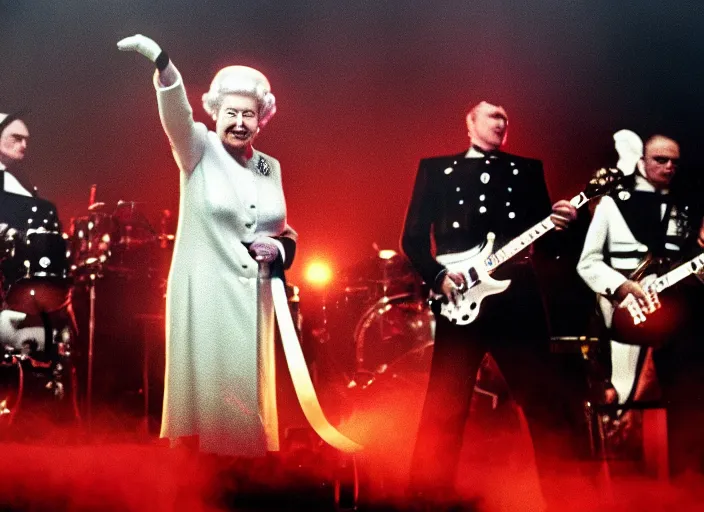 Prompt: publicity photo still of queen elizabeth in a death metal band playing live on stage, 8 k, live concert lighting, mid shot