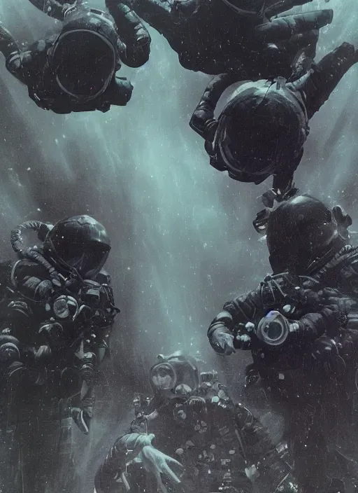 Image similar to astronauts in dark and empty void underwater - complex and hyperdetailed technical suit. reflection and dispersion materials. rays and dispersion of light. volumetric light. 5 0 mm, f / 3 2. noise film photo. flash photography. ultra realistic, wide angle. poster by wayne barlowe, hajime sorayama aaron horkey, craig mullins