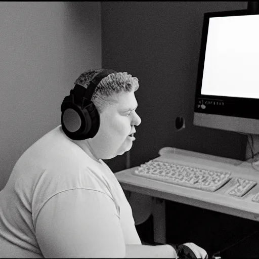 Prompt: obese Allan Moore wearing a headset yelling at his monitor while playing WoW highly detailed wide angle lens 10:9 aspect ration award winning photography by David Lynch esoteric erasure head