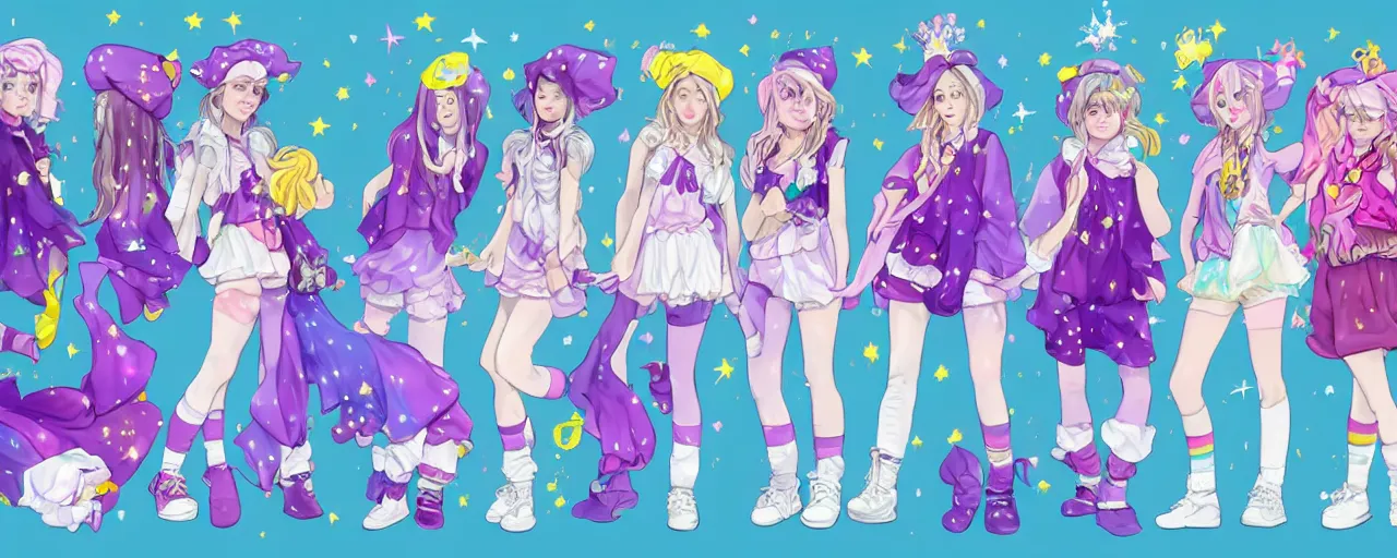 Image similar to A character sheet of full body cute magical girls who look like Emma Watson with short blond hair wearing an oversized purple Beret, Purple overall shorts, Short Puffy pants made of silk, pointy jester shoes, a big billowy scarf, and white leggings. Rainbow accessories all over. Flowing fabric. Covered in stars. Short Hair. Art by Johannes Helgeson and william-adolphe bouguereau and Paul Delaroche and Alexandre Cabanel and Lawrence Alma-Tadema and WLOP and Artgerm and Shoichi Aoki. Fashion Photography. Decora Fashion. harajuku street fashion. Kawaii Design. Intricate, elegant, Highly Detailed. Smooth, Sharp Focus, Illustration Photo real. realistic. Hyper Realistic. Sunlit. Moonlight. Dreamlike. Fantasy Concept Art. Surrounded by clouds. 4K. UHD. Denoise.